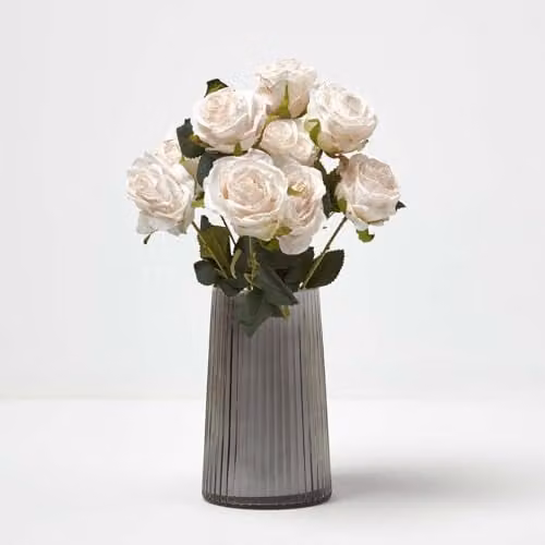 HOMESCAPES Real Touch Artificial Rose Bouquet in White and Pink, Height: 46 cm
