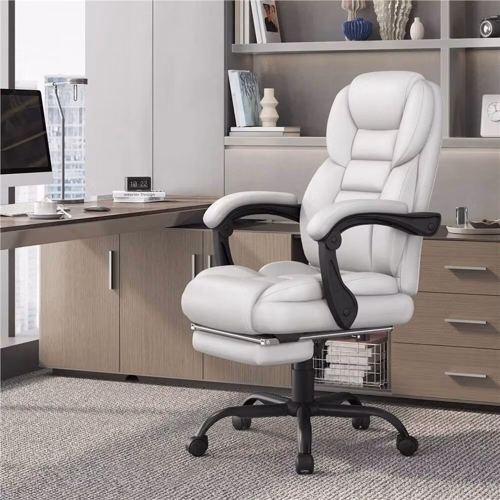 VOGREX White Executive Office Chair with Headrest, Armrests and Footrest in Synthetic Leather – 3