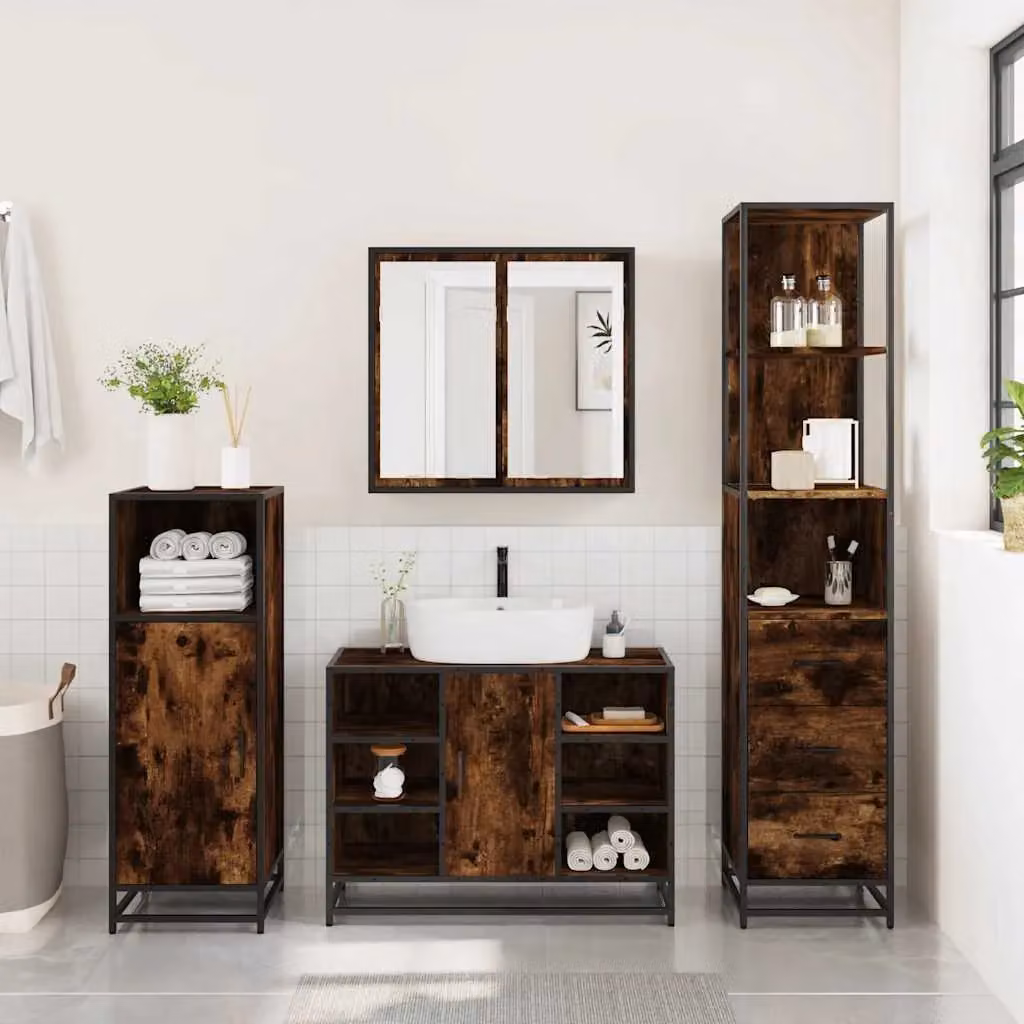 Berkfield Home 3 Piece Industrial Bathroom Furniture Set in Brown Smoked Oak – 2