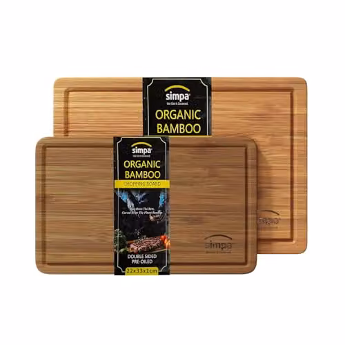 Simpa Set of 2 Pre-Oiled Reversible Bamboo Chopping Boards in Beige, Rectangular with Groove, W: 40 cm x D: 28 cm and W: 33 cm x D: 23 cm – 1