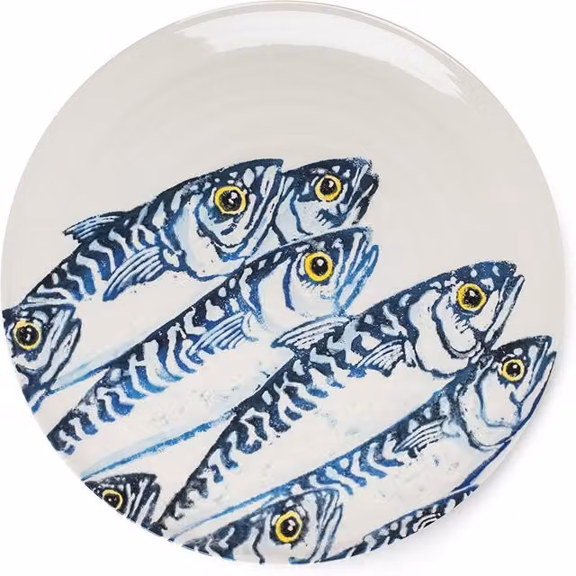 BlissHome Ceramic Round Platter with Blue Mackerel Design in White, Diameter: 37 cm – 1
