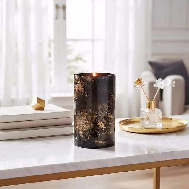 Orsina Gaia Large Abstract Marble Effect Candle Holder in Black and Gold