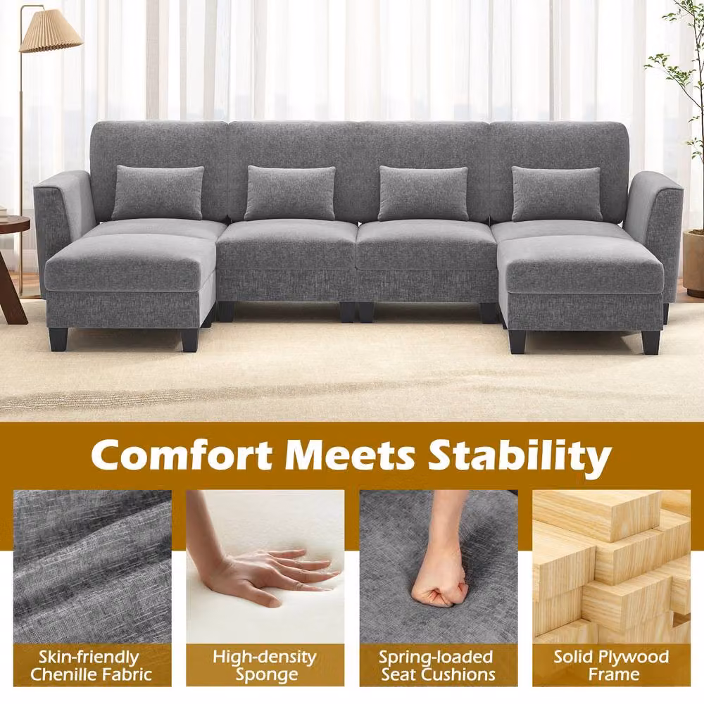 Costway Grey U-Shape Sectional Sofa Set with 2 Ottomans, Reversible Fabric 4-Seater with USB Charging and Removable Covers – 6