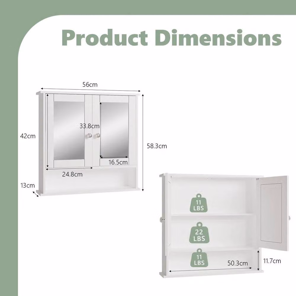 FLAVORA White Wall Mounted Modern Bathroom Mirror Storage Cabinet with Glass Hinged Doors – 3