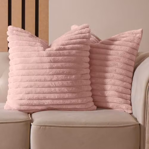 OHS Pack of 2 Faux Fur Ribbed Square Throw Pillows with Removable Covers, Pink, W/D/H: 45 x 45 x 45 cm – 2