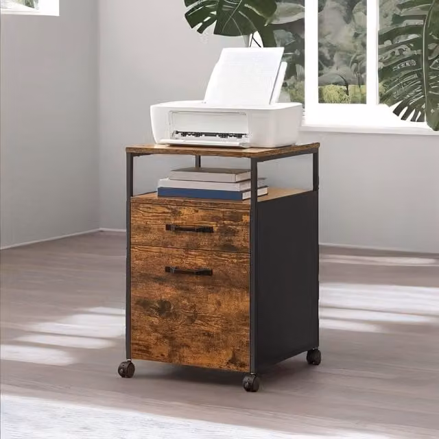 FURNOS Industrial 2 Drawer Filing Cabinet with Lockable Wheels, Brown, H 66.5 x W 44 cm x D 42 cm