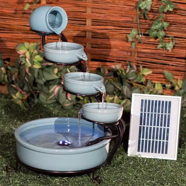 Primrose Terracotta Solar Cascade Tabletop Water Feature with LED Lights in Blue/Turquoise