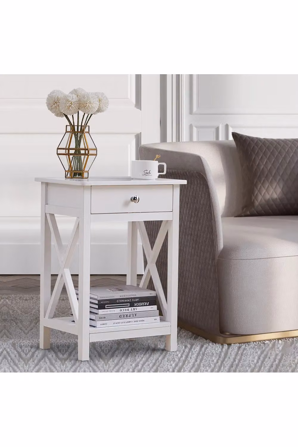 Living and Home 2-Tier Wooden Nightstand with Storage Shelf in White, Height: 55.5 cm – 2