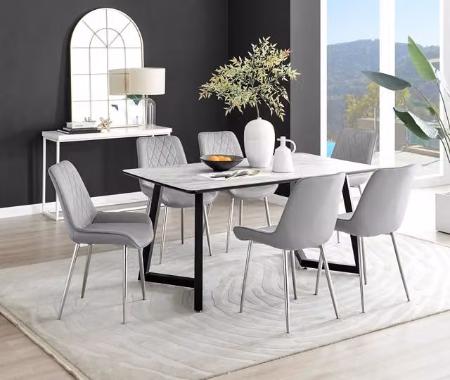 FurnitureboxUK Carson White Marble Effect Dining Table and 6 Pesaro Silver Chairs in Grey – 1