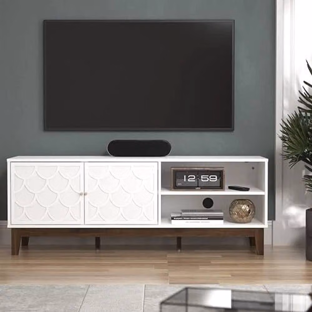 FORGEVIO Modern White TV Media Entertainment Unit Stand with Media Compartments and Grommet – 2