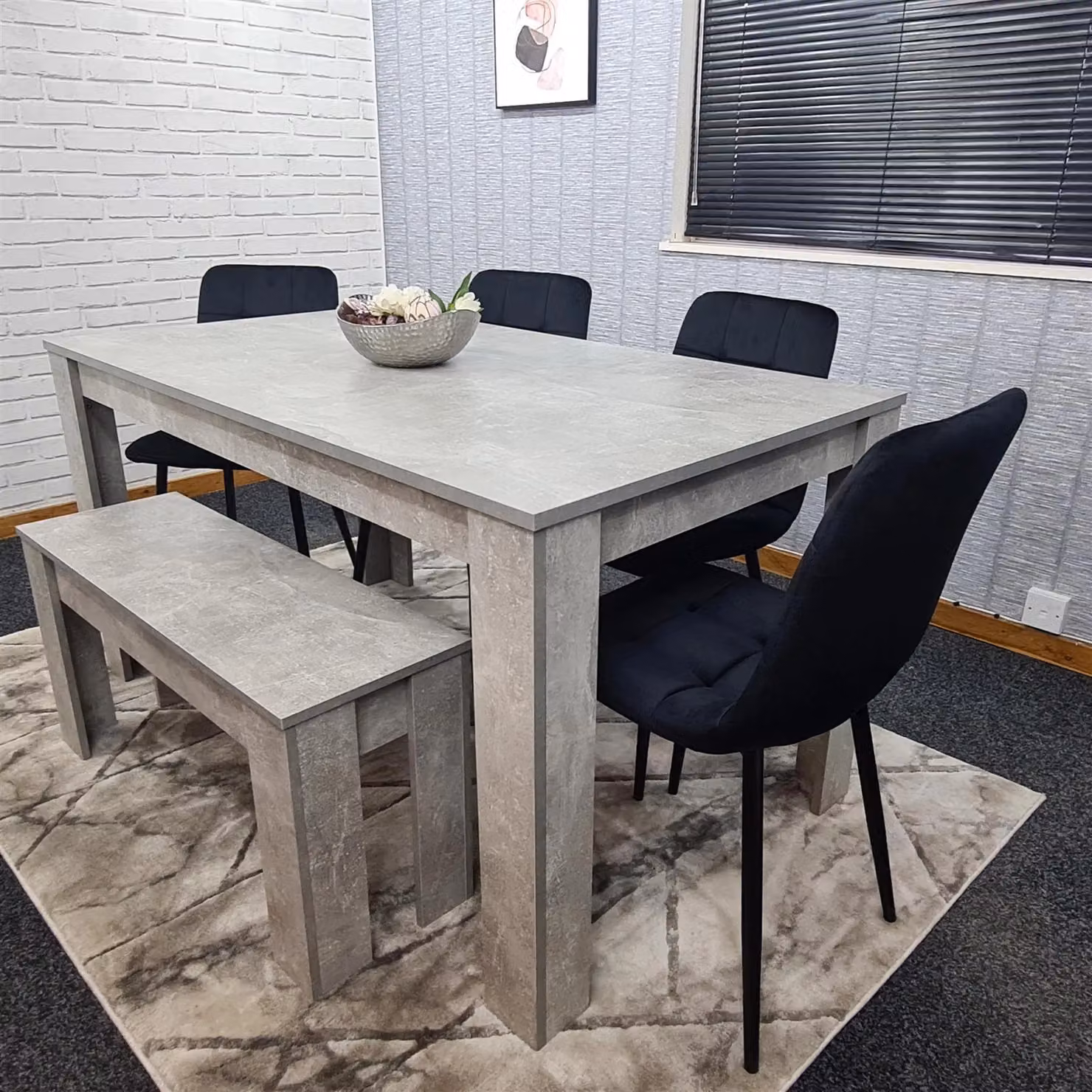 KOSY KOALA Modern Brown Dining Set with Grey Rectangular Table, 4 Black Velvet Chairs and 1 Bench – 5
