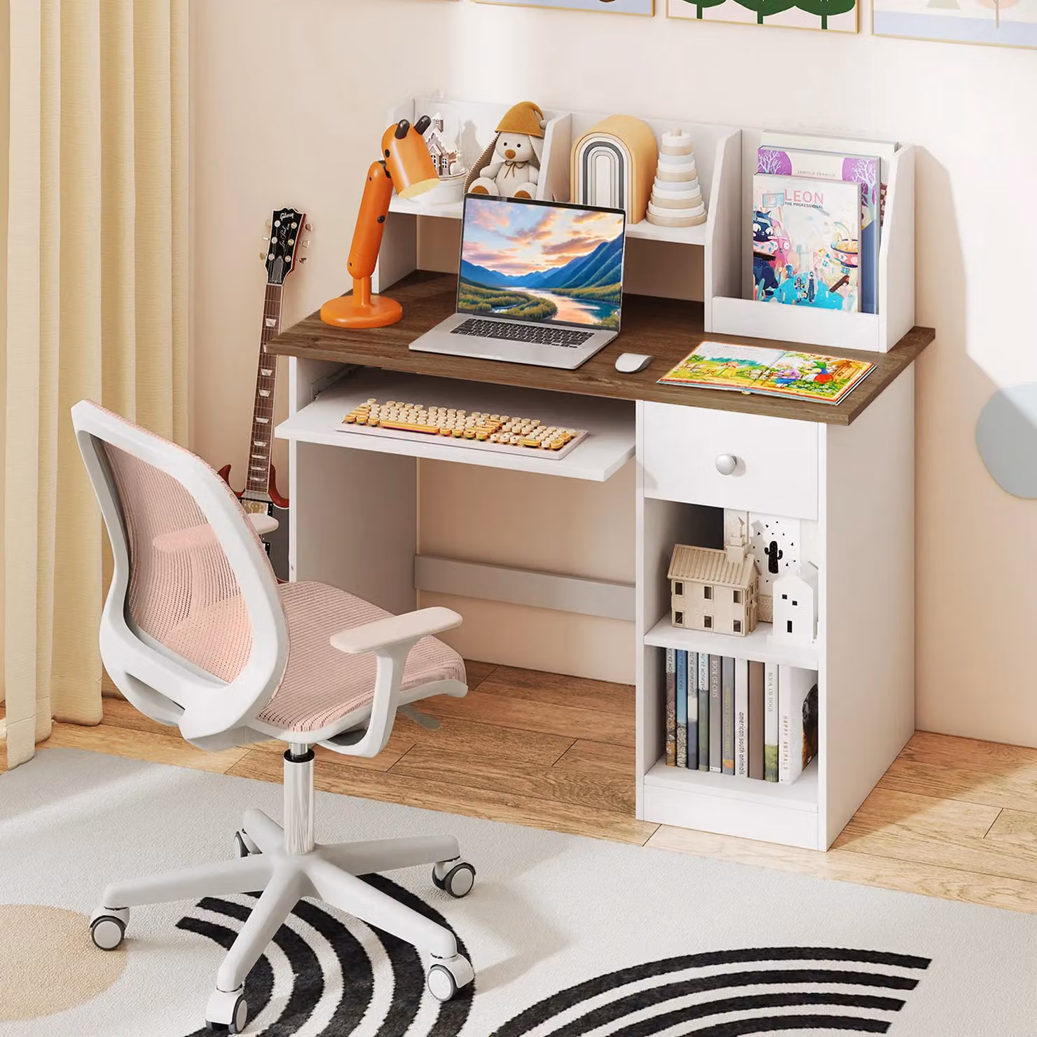 Gymax Natural Wooden Computer Desk with Keyboard Tray and Drawer – 2