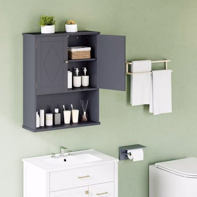 Costway Grey Wall Mounted 2-Door Bathroom Cabinet with Internal Shelves