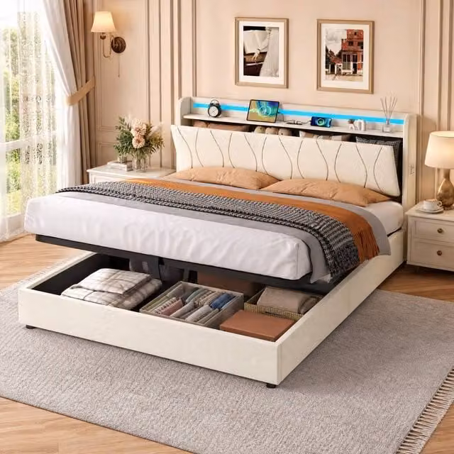 STILVORA King Size Upholstered Bed Frame in Beige with Hydraulic Lift-Up Storage, LED Headboard and USB Charging Port, W/D/H: 180 x 200 cm – 1