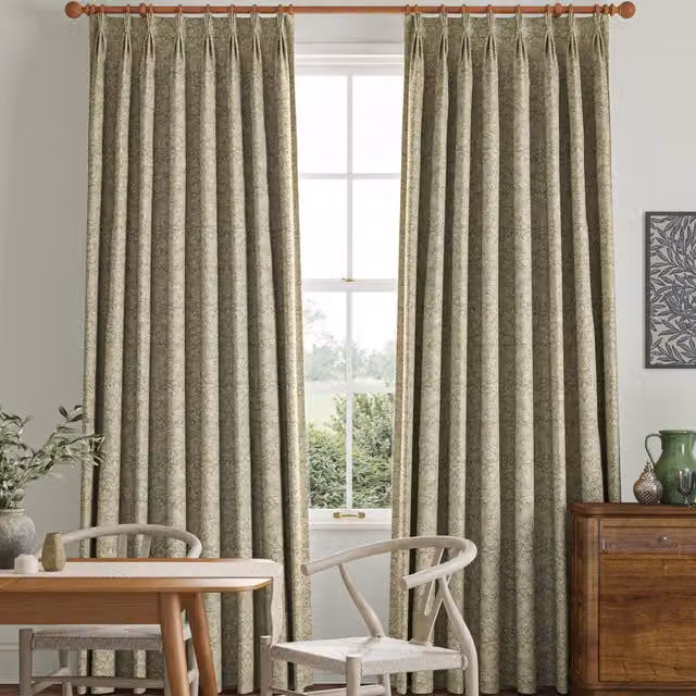 William Morris At Home Strawberry Thief Woven Blackout Curtain in Green Floral Design