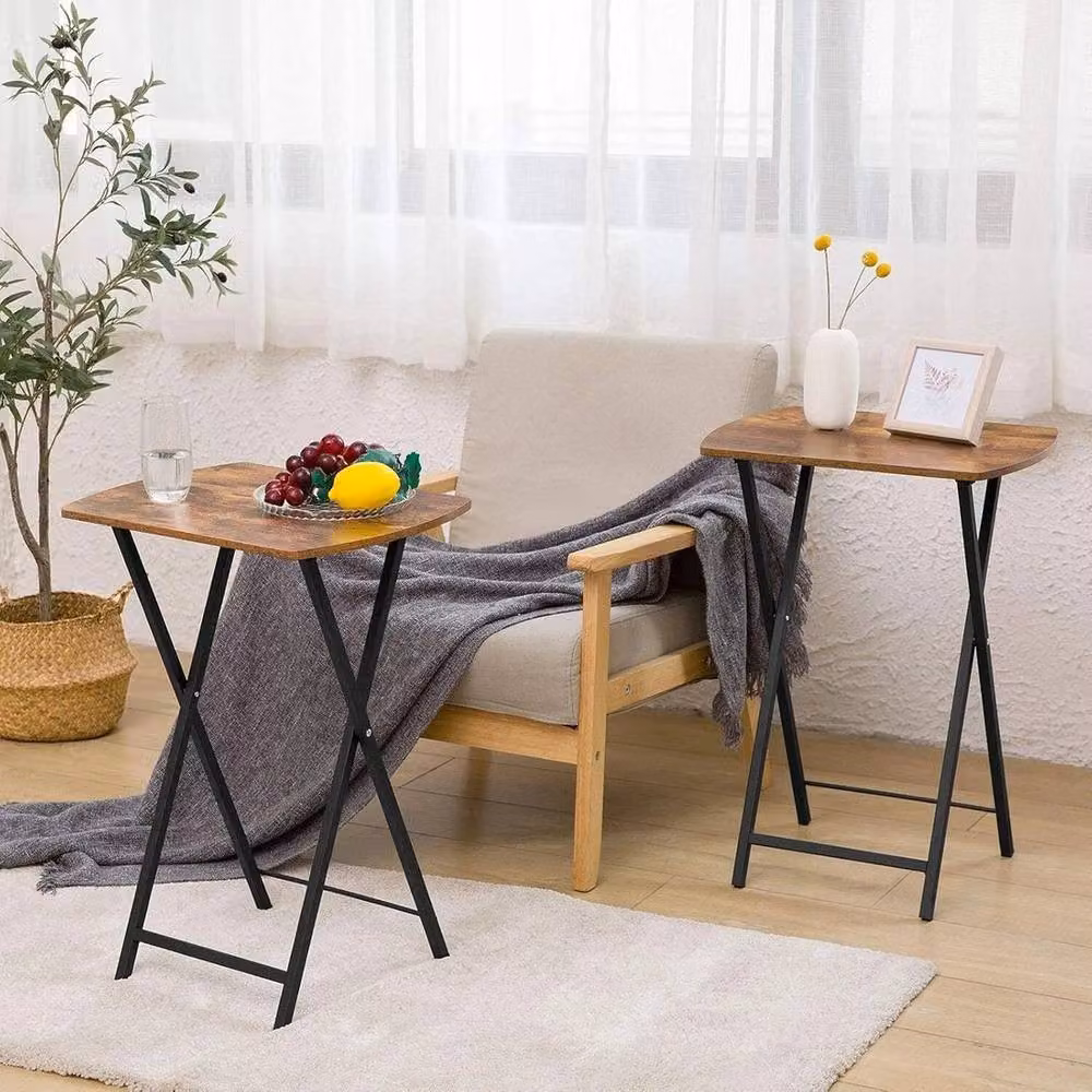 FORGEVIO Brown Folding Side Table with Rectangular Wood Top and Metal X-Frame – 5