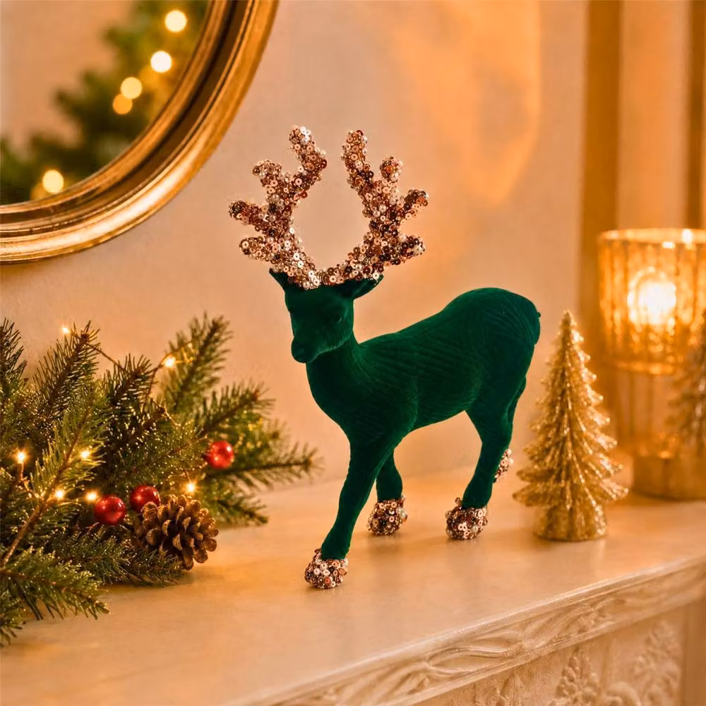 Shatchi Emerald Green Velvet Christmas Reindeer Figurine, Height: 20 cm – 2