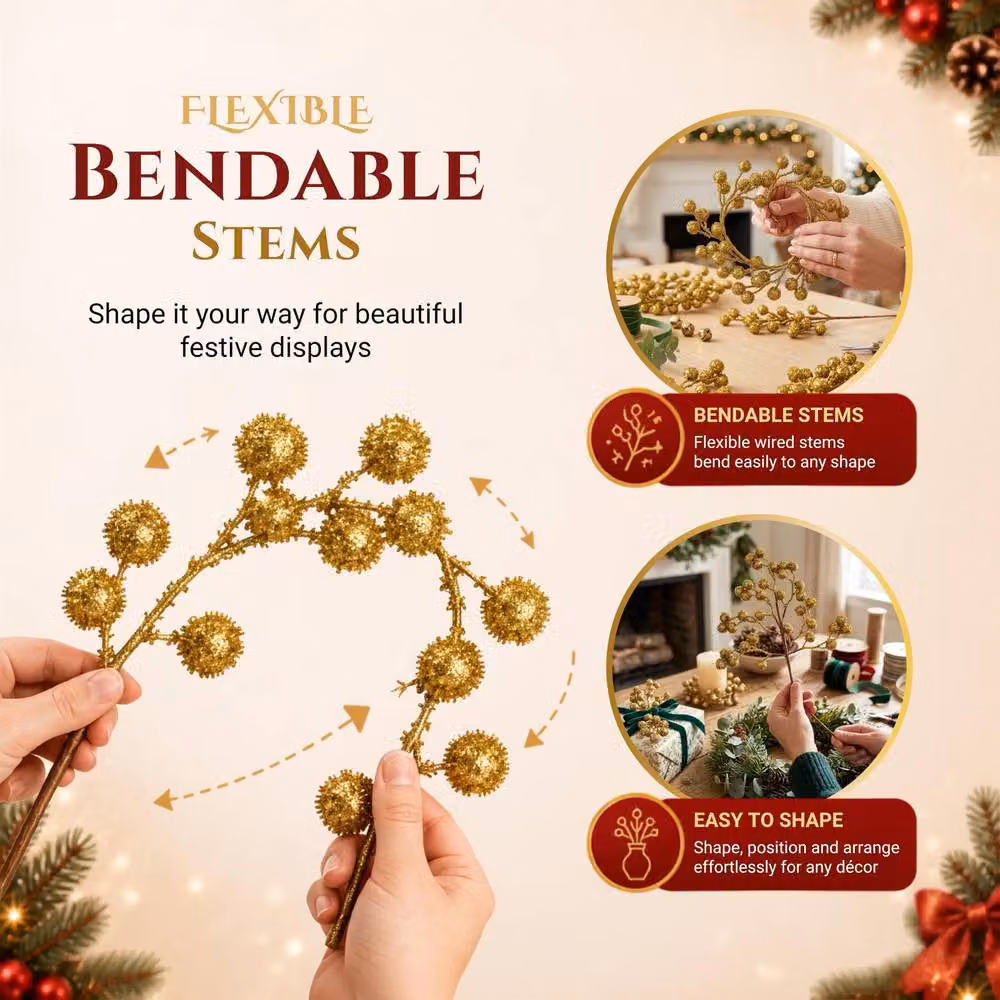 Shatchi Gold Glitter Artificial Berry Picks for Christmas Decor, 18 Pack, Height: 45 cm – 4