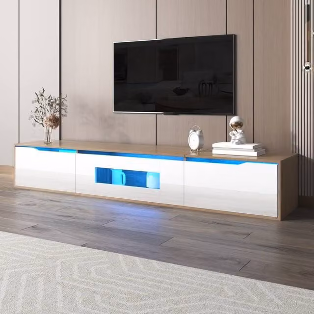 Merax Wall-mounted High-Gloss TV Cabinet with Colour-Changing LED Lights in White, W/D/H: 180 x 35 x 30 cm – 1