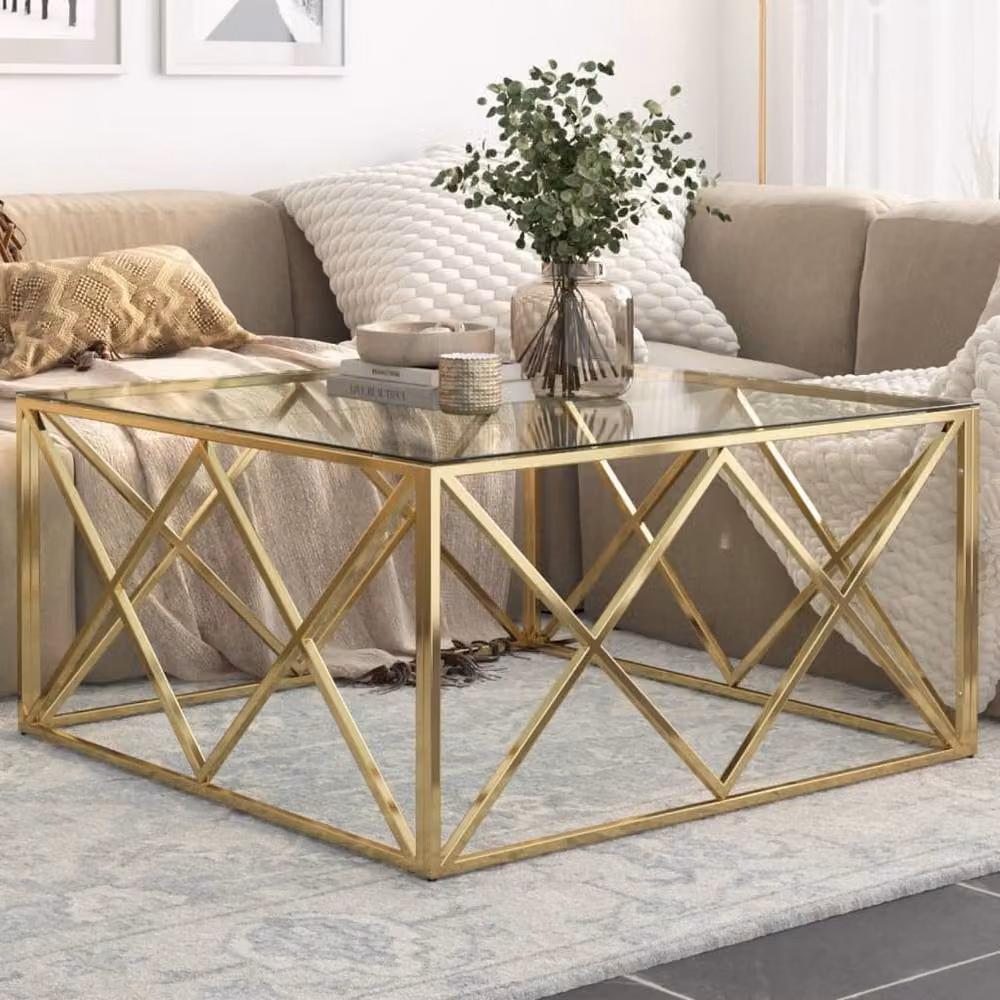 Berkfield Home Modern Gold and Silver Stainless Steel and Tempered Glass Coffee Table – 2
