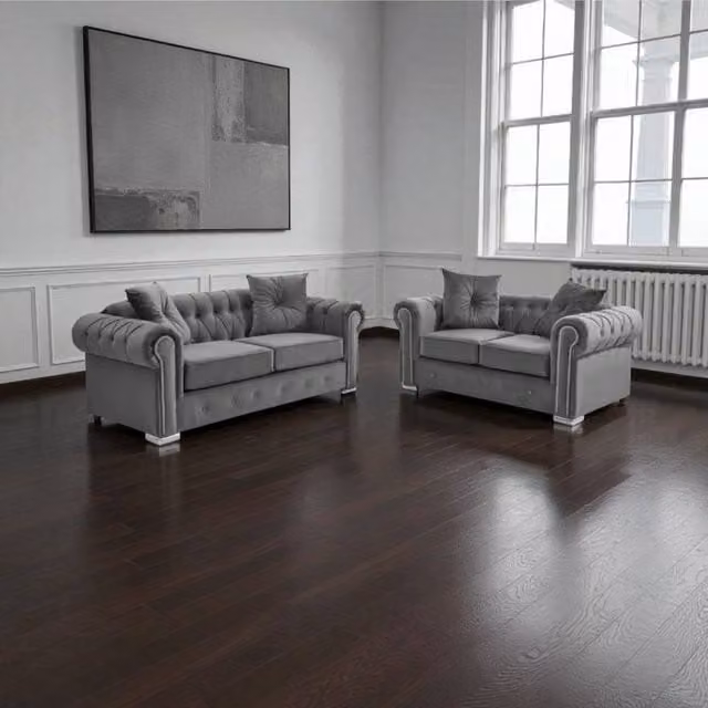 Snug Furniture Birmingham Ltd Roma Grey Fabric Chesterfield 3+2 Sofa Set