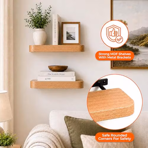 Innoteck Set of 2 Oak Floating Wall Shelves with Rounded Edges, 40 cm – 3