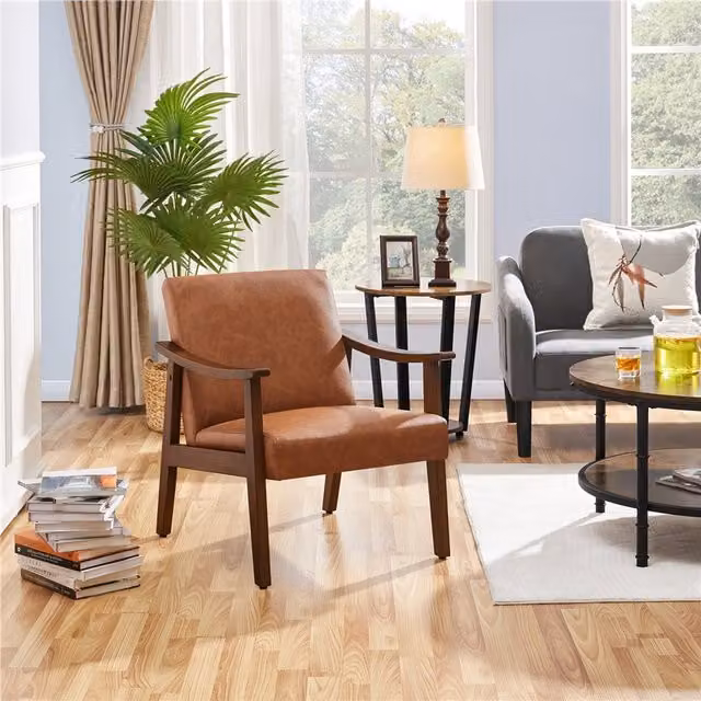 Yaheetech Mid-Century Synthetic Leather Upholstered Accent Armchair with Armrests in Brown