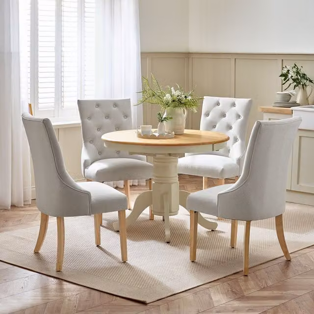 FurnitureboxUK Padstow Round Extending Rubberwood Dining Table with 4 Belgravia Chairs in Brown and Beige