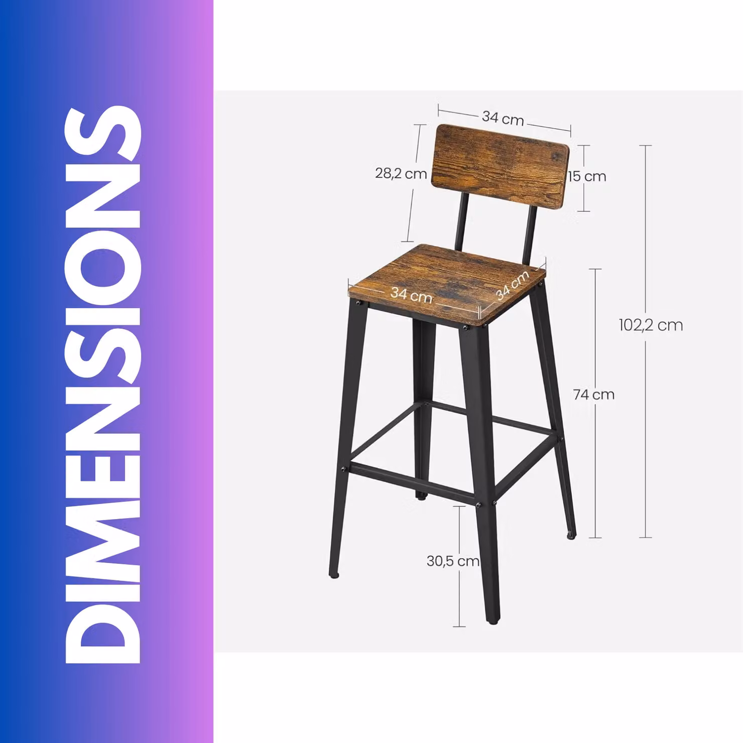 Rafaelo Mobilia Set of 2 Industrial Metal Bar Stools with Backrest in Brown and Black – 3