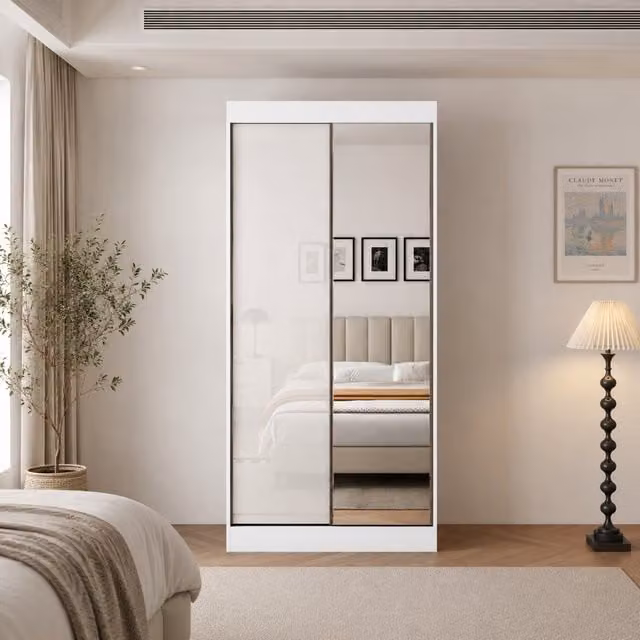 KDMD Pacific 100cm Gloss White Sliding Door Wardrobe with Mirror