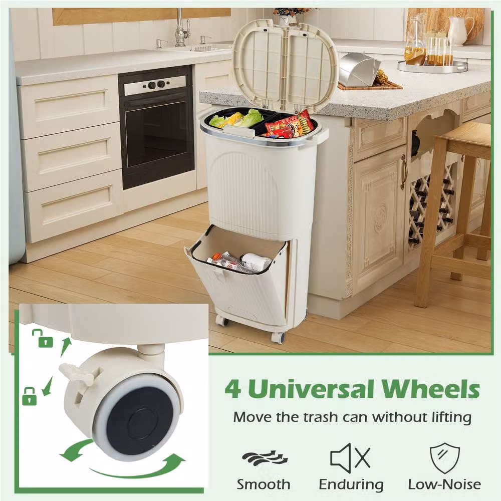 Costway 38L Sorting Garbage Bin with Lids and 2 Detachable Buckets, Beige – 3