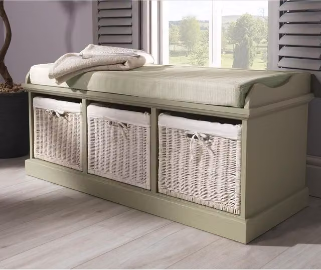 Tetbury Bench with 3 White Rattan Baskets in Sage Green, W/D/H: 112 x 40 x 46 cm