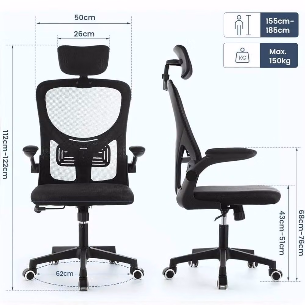 Nordara Black Ergonomic Mesh Home Office Chair with Headrest and Armrests – 2