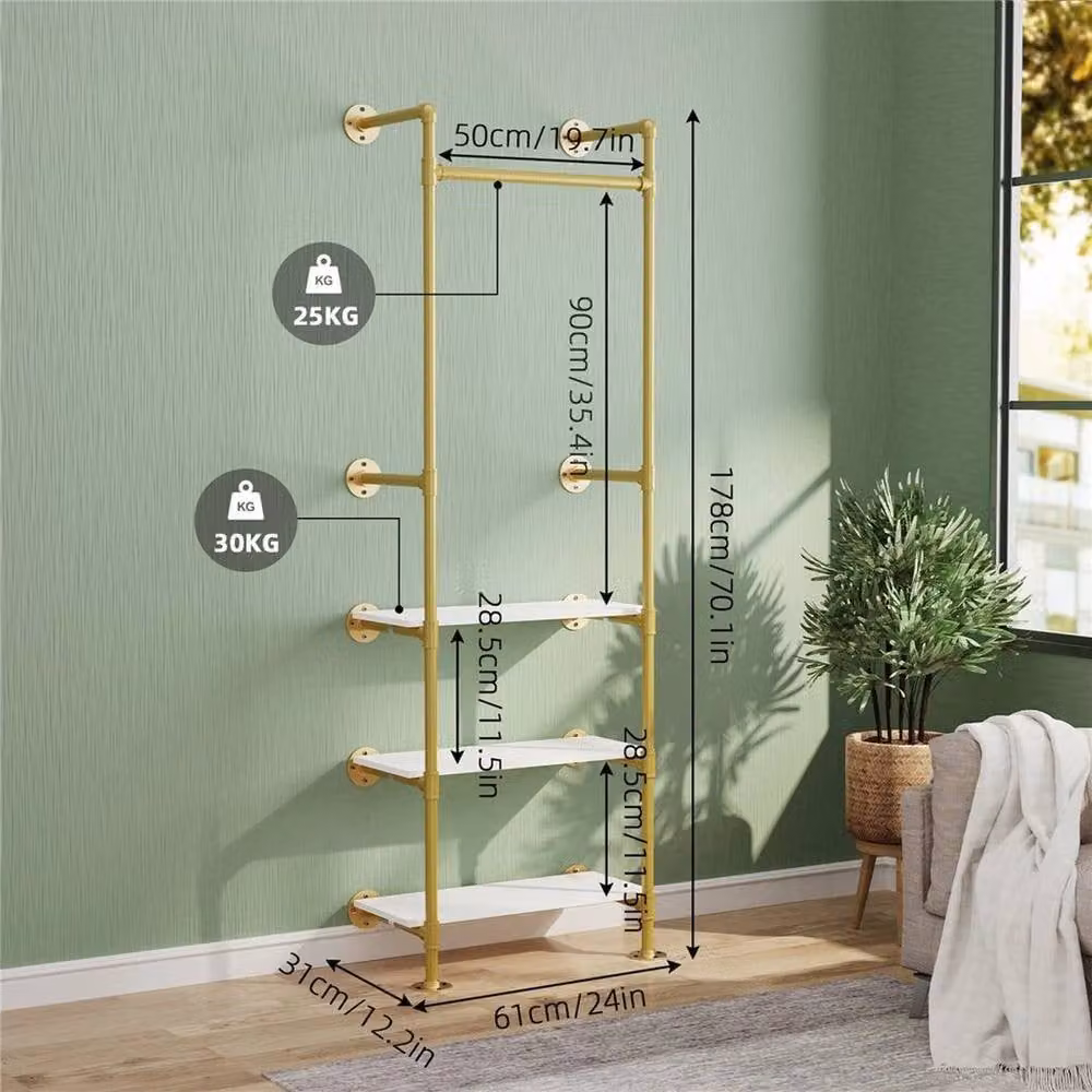 Kelvenix Industrial Gold and White Metal Wall Mounted Clothing Rack – 2