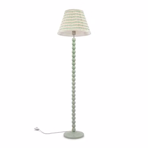 ValueLights Bobbin Sage Green Wood Floor Lamp with Pink Fabric Pleated Shade