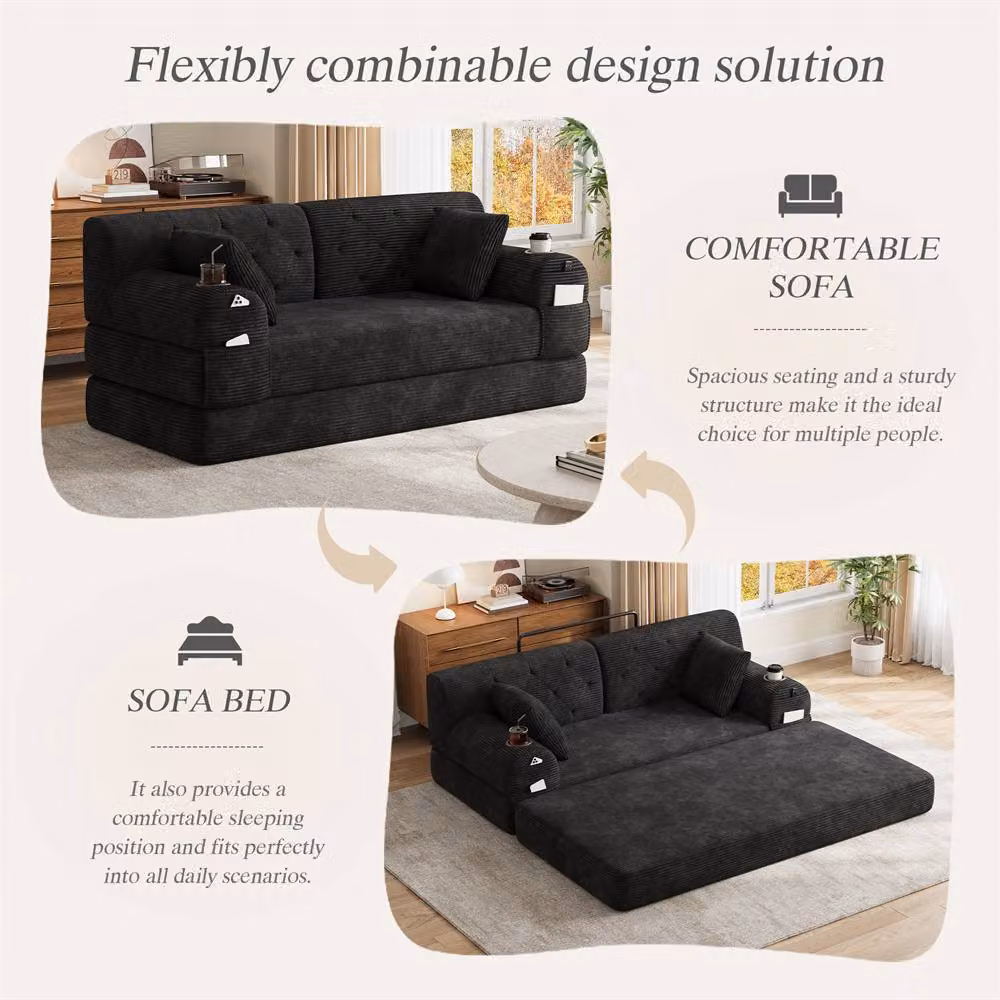 Direct Wicker 2-Seater Corduroy Upholstered Sofa Bed with Cup Holders in Black – 3
