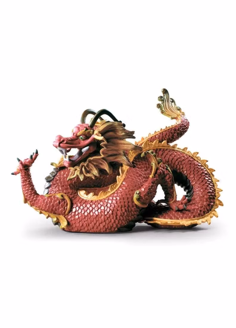 Lladró Majestic Dragon Porcelain Sculpture in Red and Gold