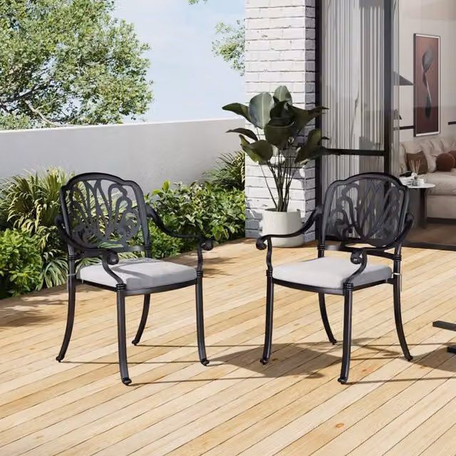 Breeins Set of 2 Classic Matt Black and Grey Metal Garden Chairs with Floral Cushions