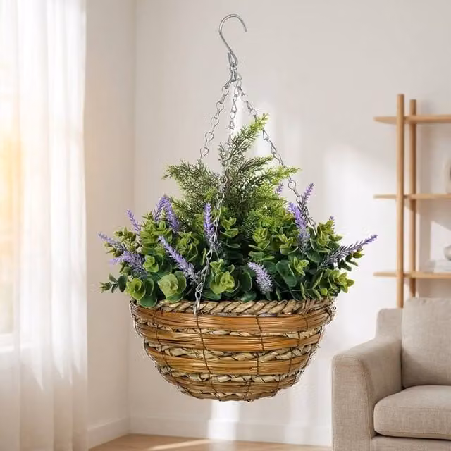 STILVORA Set of 2 Artificial Hanging Lavender Plants with Green Wicker Pots – 1