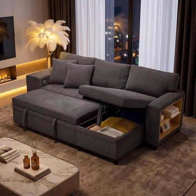 FENCHILIN L-Shaped Pull-out Sofa Bed with Reversible Chaise and 2 Matching Ottomans in Grey – 1