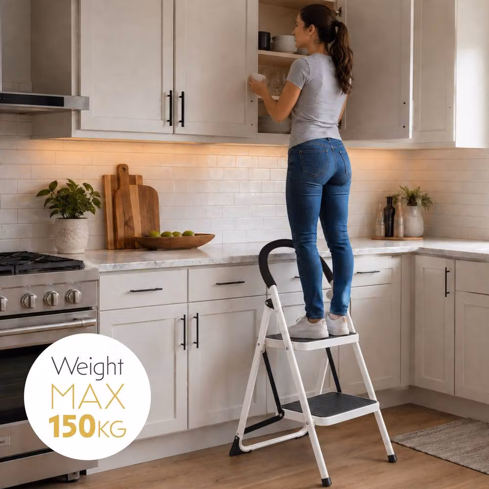 Futura 2 Step Ladder Premium White Heavy-Duty Steel Folding Step Stool with Rubber Feet – 2