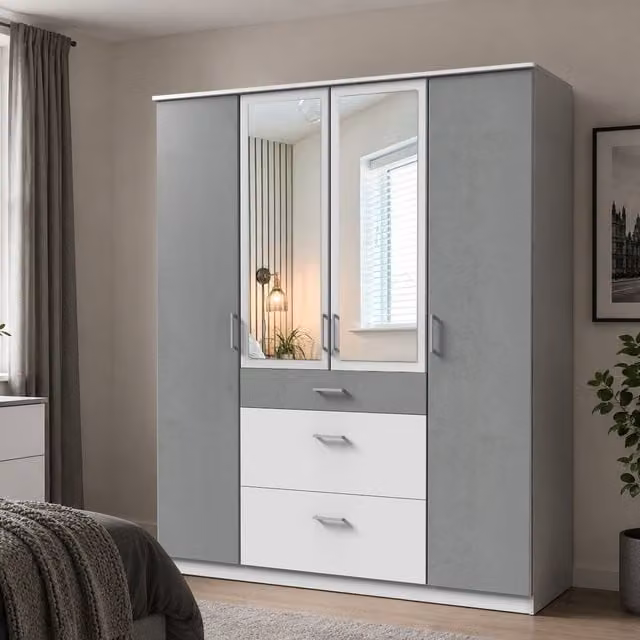 Click 4 Door Wardrobe in White and Grey with Mirror and Internal Shelving, Width: 180 cm