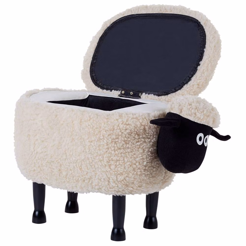 Wyld and Coco Beige Bouclé Kids Footstool with Rubberwood Frame – 5
