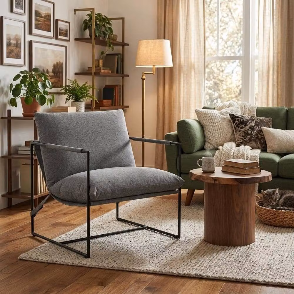 London Boutique Modern Grey Bouclé Fabric Accent Chair with Metal Frame – 5