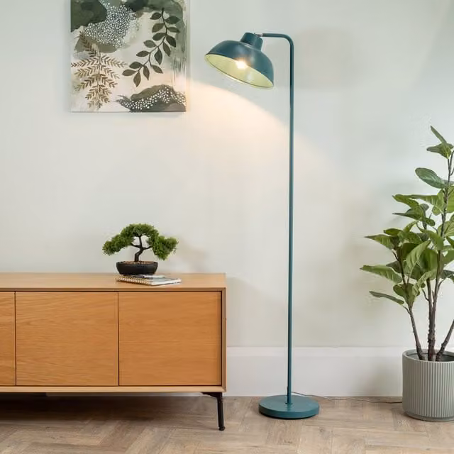 ValueLights Morris Mid-Century Floor Lamp with Angled Dome Shade and LED Bulb in Teal