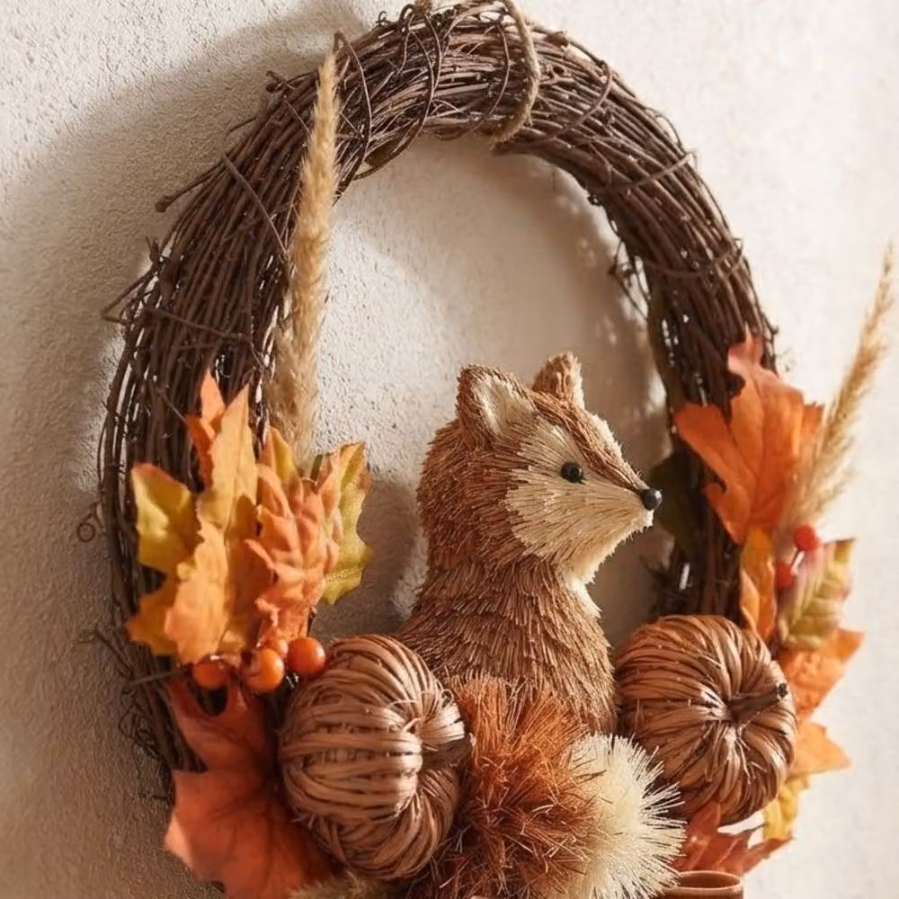 Garden Greatness Autumnal Woodland Rattan Fox Wreath in Orange and Brown – 2