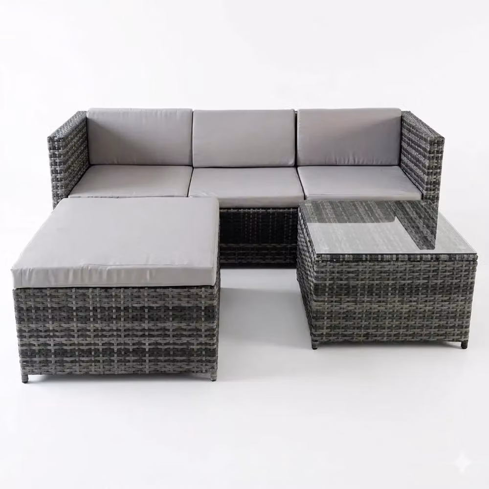Alivio Grey L-Shape 3-Seater PE Rattan Garden Corner Sofa Set with Coffee Table and UV-Resistant Cushions – 4
