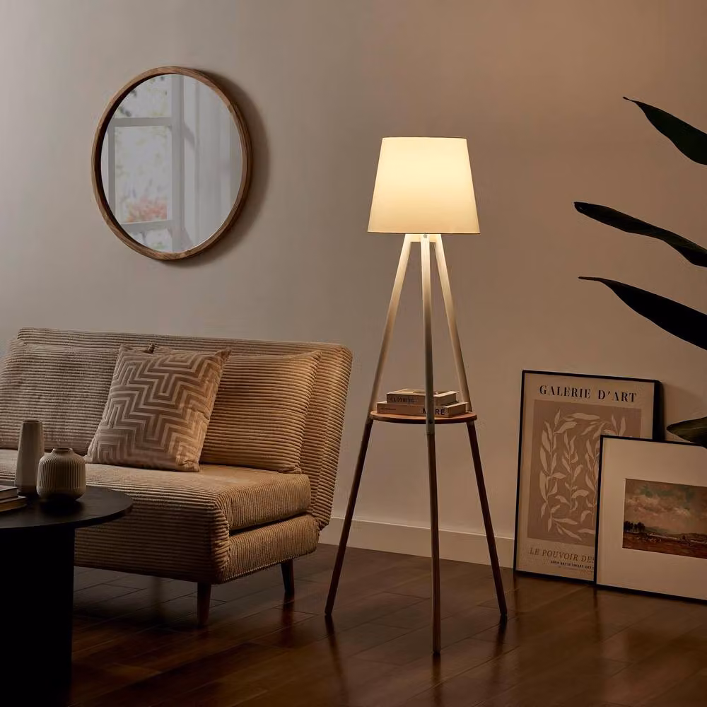 FurnitureboxUK Kelsey White and Wood Tripod Standing Floor Lamp with Shelf and Fabric Shade – 2