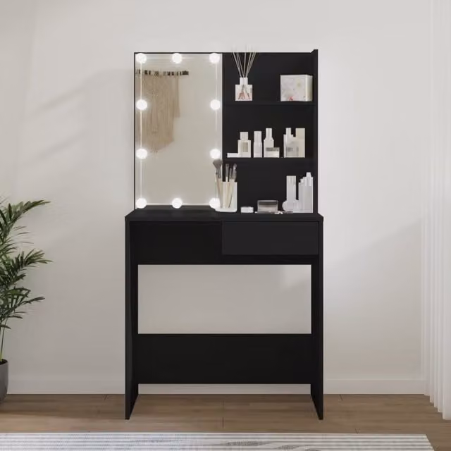Berkfield Home Modern Black Dressing Table with Hollywood LED Mirror W/D/H: 74.5 x 40 x 141 cm