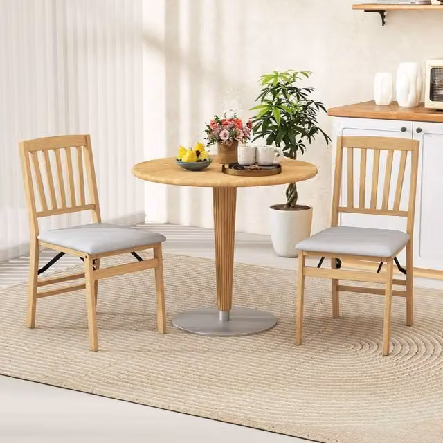 Costway Set of 2 Folding Dining Chairs with Padded Seats in Natural Wood and Black